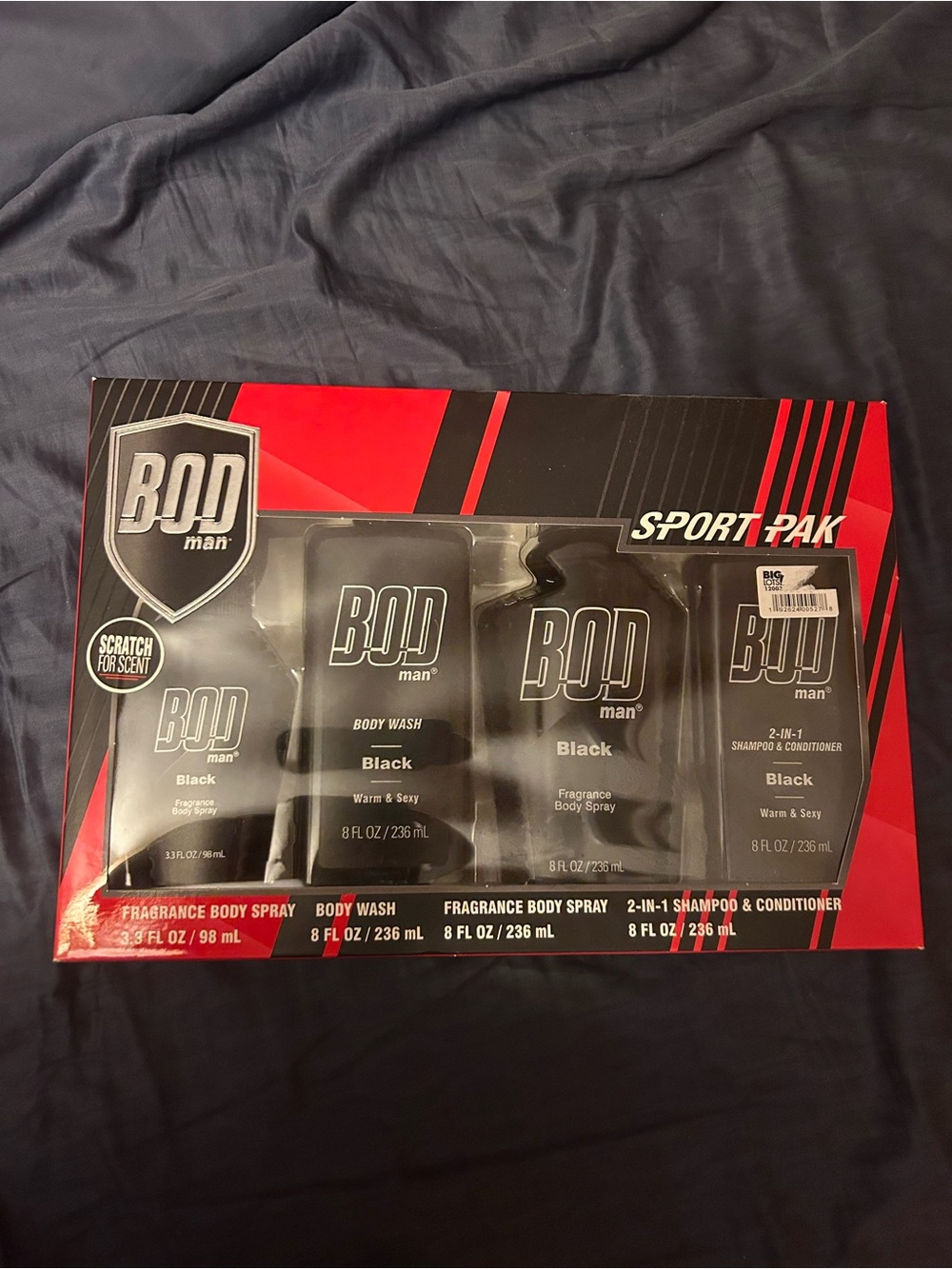 BOD Man BLACK Sport Pak; Shampool 8 oz, Body Wash 8 oz, Body Sprays 8oz & 3.5